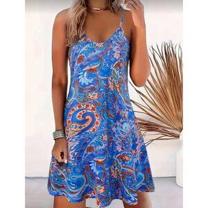 🍒 2/$20New Paisley Print Spaghetti Strap Loose Swing Dress Blue & Orange sz XXL